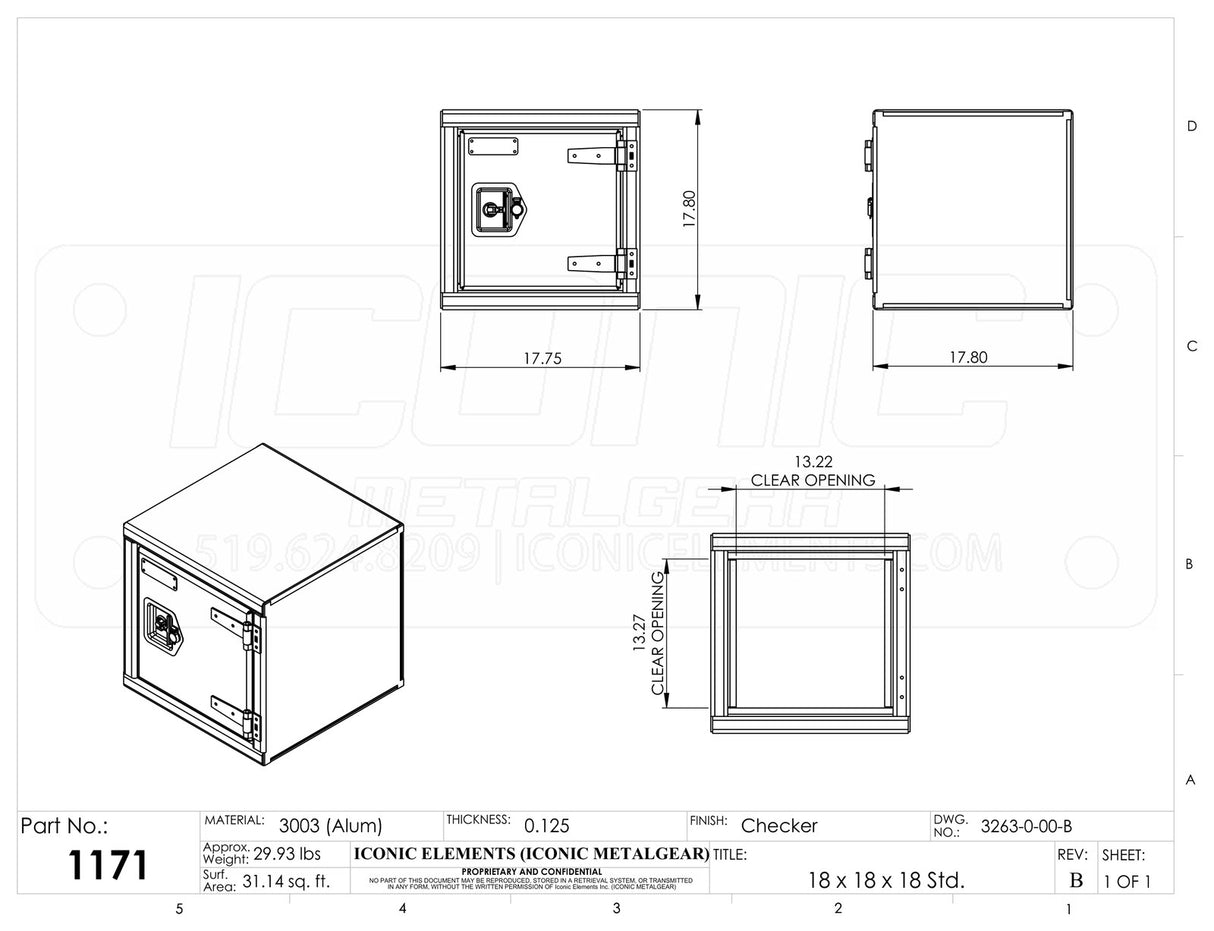 Standard T-Handle Box Aluminum Checkerplate Single Side Swing Door 18" Width x 18" Height x 18" Depth