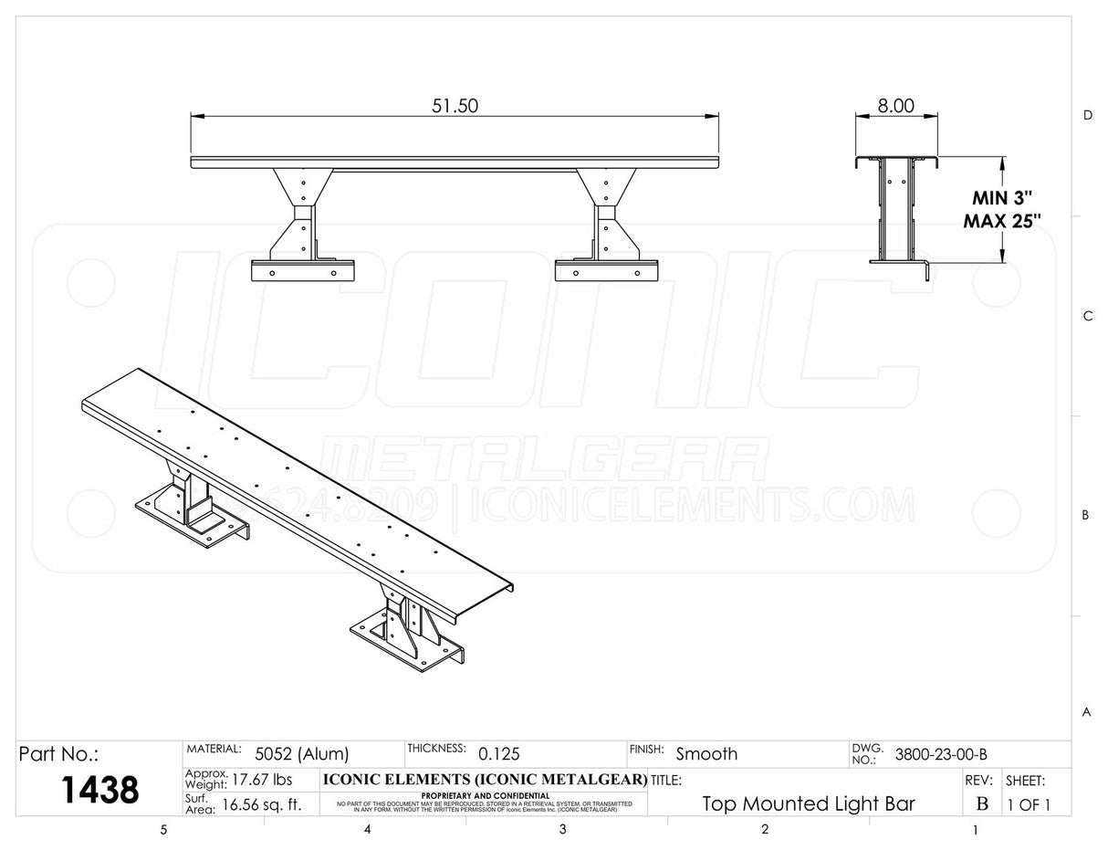 Light Bar 51.5"x8" Strobe Light Bracket Fixed Enclosed (Height Range: 3" to 25" as per customer requirements)