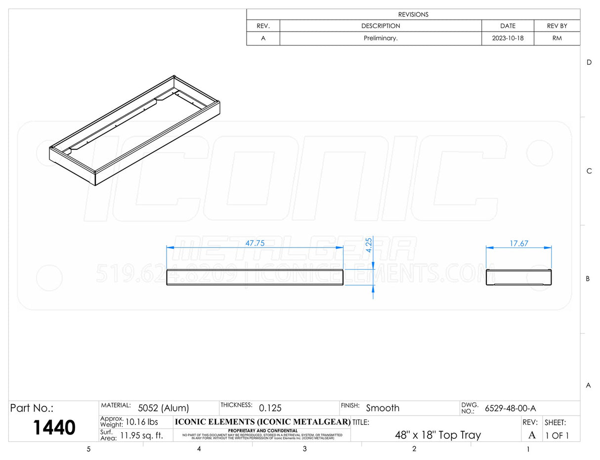Standard Toolbox Top Tray, fits 48"W x 18"D Box