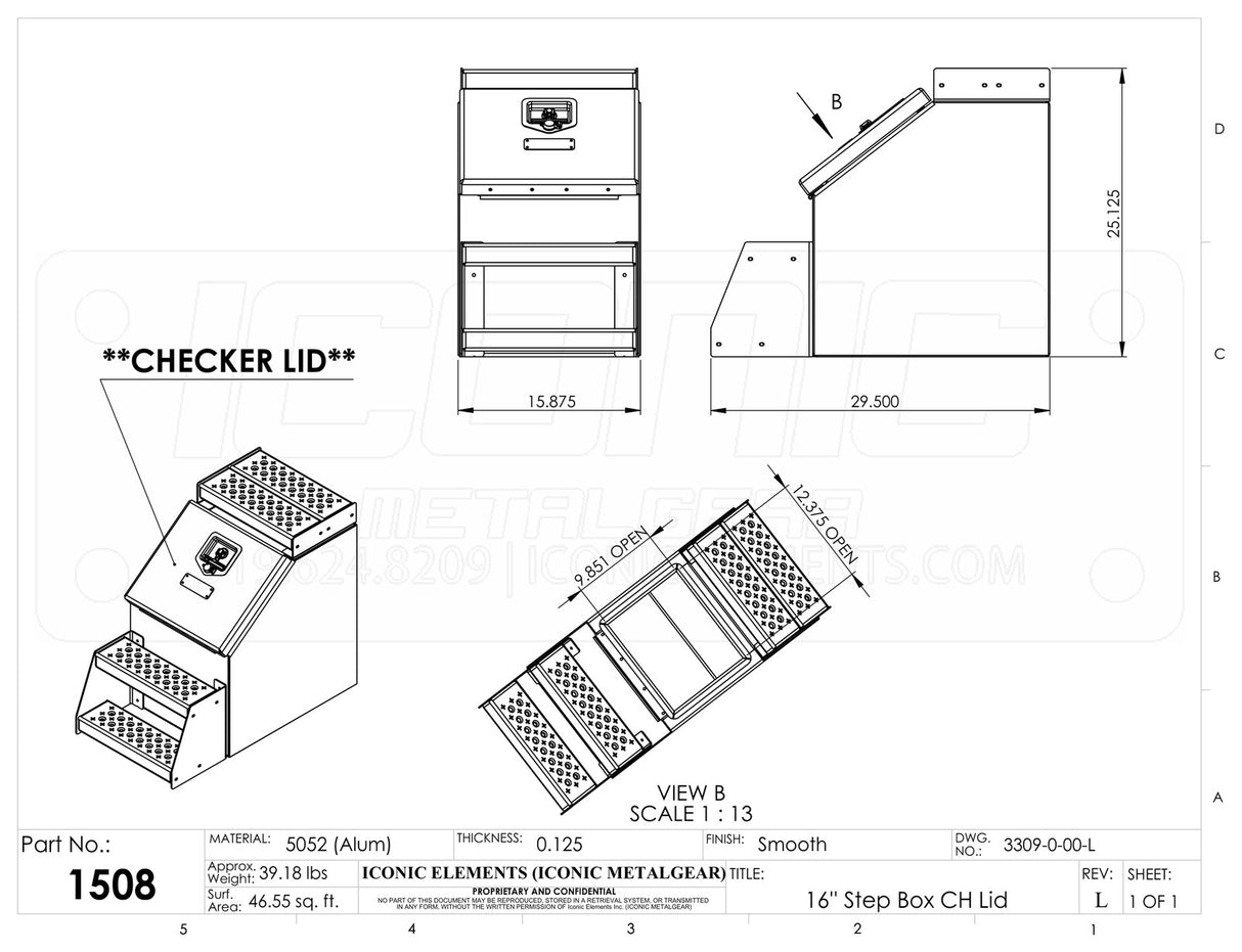 Step Box Boot Box 16" Step Box w/Aluminum Checkerplate lid *recommended used with P/N 1900 for mounting 16" Width x 25.13" Height x 29.5" Depth