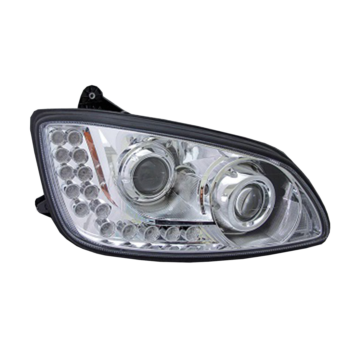 Kenworth T660 Headlight Chrome with Amber LED Daylight, Park, and Turn Signal Light Passenger Side