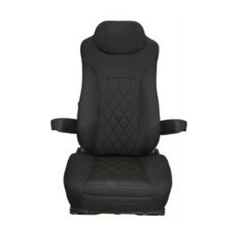 Universal High Back Fabric Black, Dual Recline Levers, Arm Rests, Manual Lumbar Support, Front Pocket