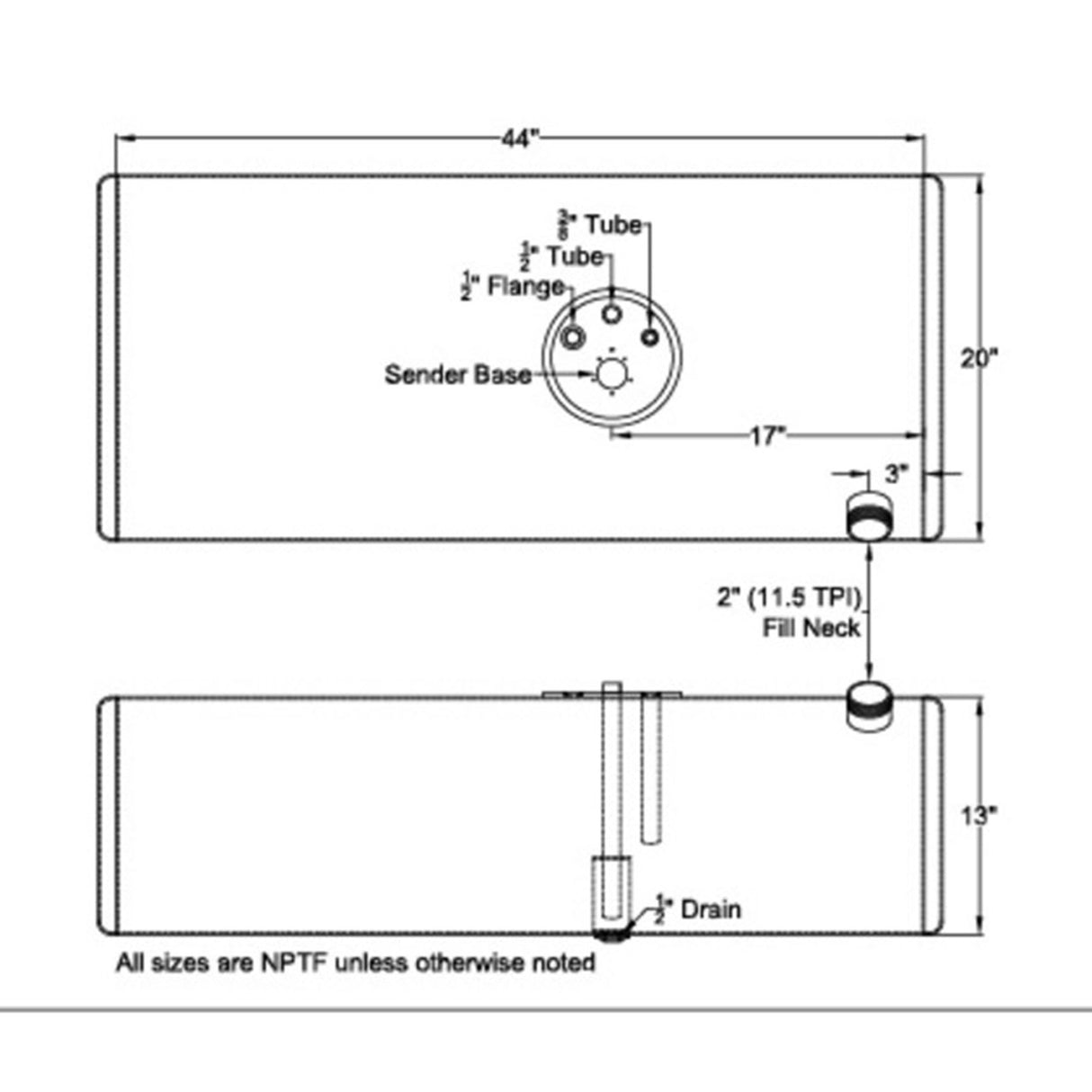 Ford Fuel Tank 47 Passenger Side Rectangular Front Fill 13"H x 20"W x 44"L Milgrade