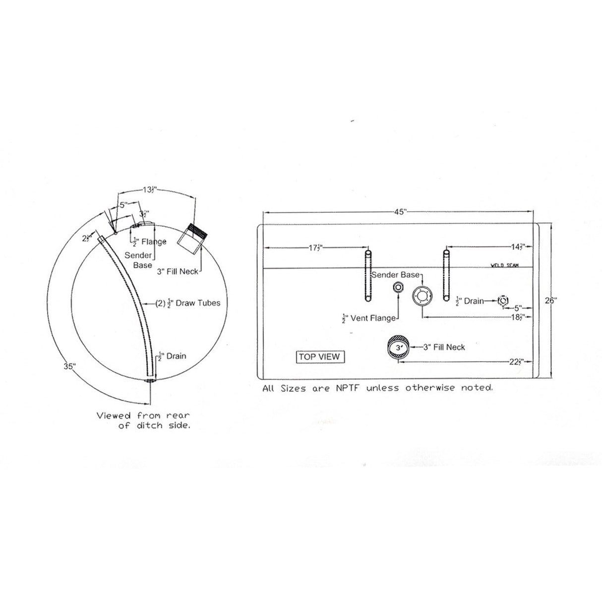 International Fuel Tank 103 Passenger Side Round Center Fill 26"D x 45"L Milgrade 2588146C93