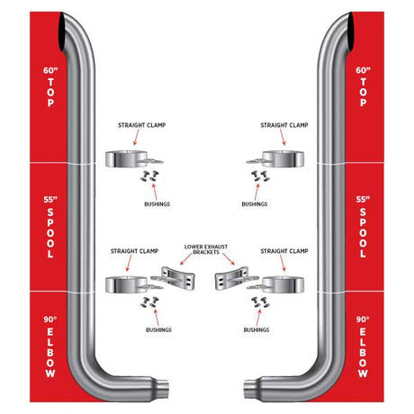 6? Dia. Complete Curved Exhaust Kit – 60? Top Stacks | 55? Middle Spools | 90° Elbows 6? Reduced to 5? Dia. Peterbilt 335, 348, 357, 359, 375, 377, 378, 379, 385, 386, 387, 388, 389 1970–2008 Exhaust Kit