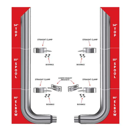 6? Dia. Complete Mitered Exhaust Kit – 54? Top Stacks | 55? Middle Spools | 90° Elbows 6? Reduced to 5? Dia. Peterbilt 335, 348, 357, 359, 375, 377, 378, 379, 385, 386, 387, 388, 389 1970–2008 Exhaust Kit