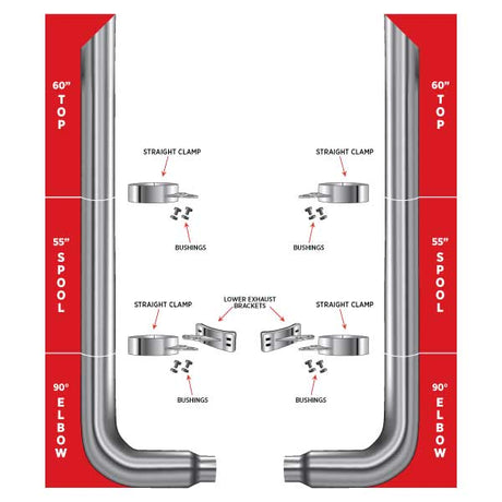 6? Dia. Complete Mitered Exhaust Kit – 60? Top Stacks | 55? Middle Spools | 90° Elbows 6? Reduced to 5? Dia. Peterbilt 335, 348, 357, 359, 375, 377, 378, 379, 385, 386, 387, 388, 389 1970–2008 Exhaust Kit