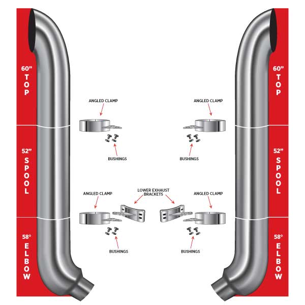 8? Curved Exhaust Kit – 60? Top Stacks, 52? Middle Spools, 58° Elbows (8? to 5? Dia.) Peterbilt 335, 348, 357, 359, 375, 377, 378, 379, 385, 386, 387, 388, 389 1970–2008 Exhaust Kit