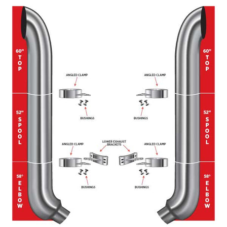 8? Curved Exhaust Kit – 60? Top Stacks, 52? Middle Spools, 58° Elbows (8? to 5? Dia.) Peterbilt 335, 348, 357, 359, 375, 377, 378, 379, 385, 386, 387, 388, 389 1970–2008 Exhaust Kit