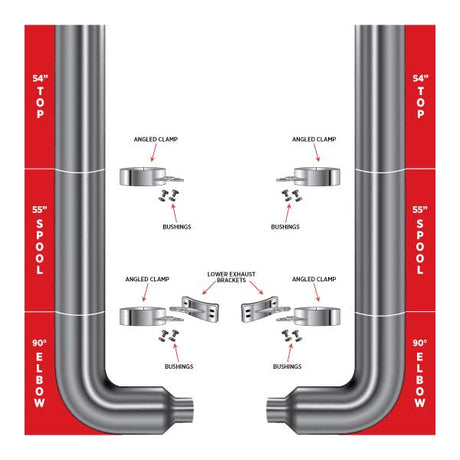 8? Flat Exhaust Kit – 54? Top Stacks, 55? Middle Spools, 90° Elbows (8? to 5? Dia.) Peterbilt 335, 348, 357, 359, 375, 377, 378, 379, 385, 386, 387, 388, 389 1970–2008 Exhaust Kit