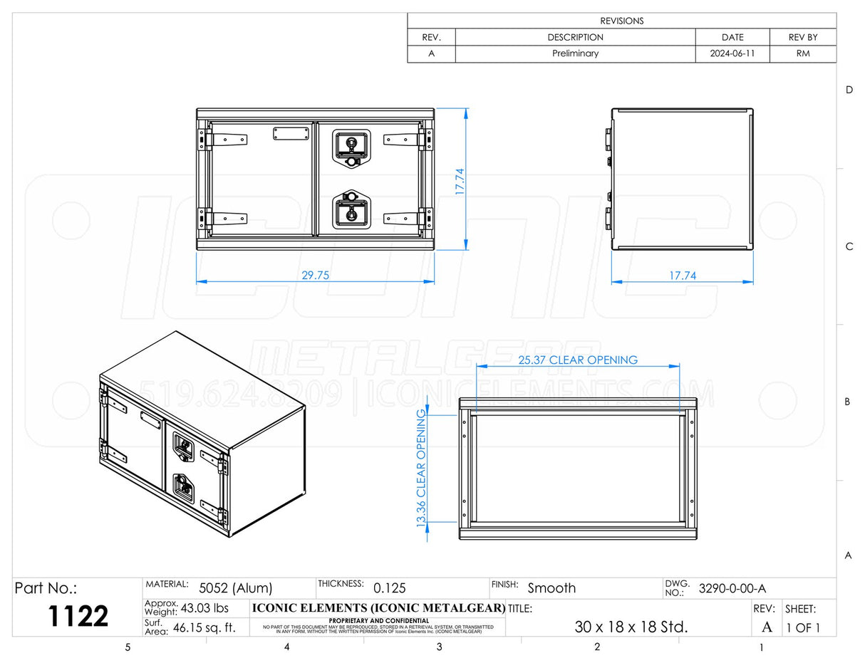 Standard T-Handle Box Aluminum Smooth, Dual Barn Door 30" Width x 18" Height x 18" Depth