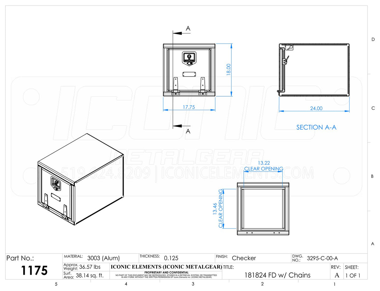 Standard T-Handle Box Aluminum Checkerplate Single Fold Down Door 24" Width x 18" Height x 18" Depth