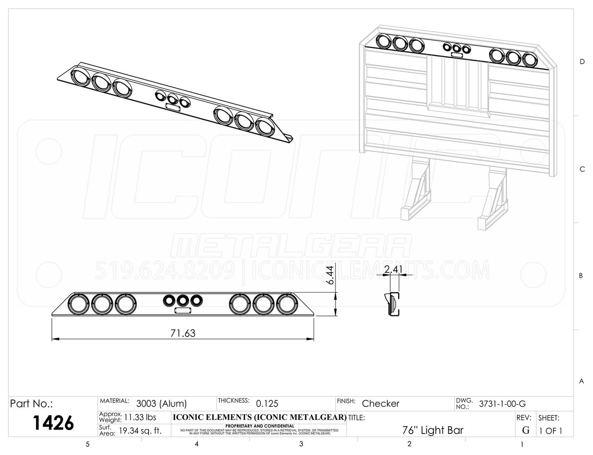 Cab Rack Light Bar - 76" STD. Flat Headache Rack - c/w Lights and wiring harness