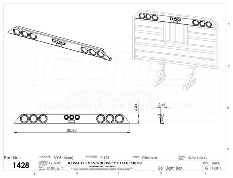 Cab Rack Light Bar - 86" STD. Flat Headache Rack- c/w Lights and wiring harness