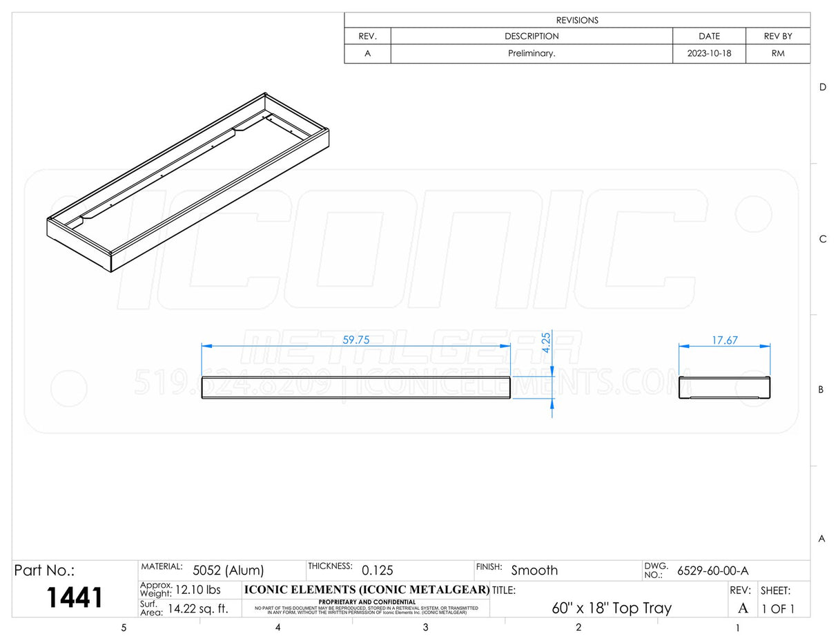 Standard Toolbox Top Tray, fits 60"W x 18"D Box