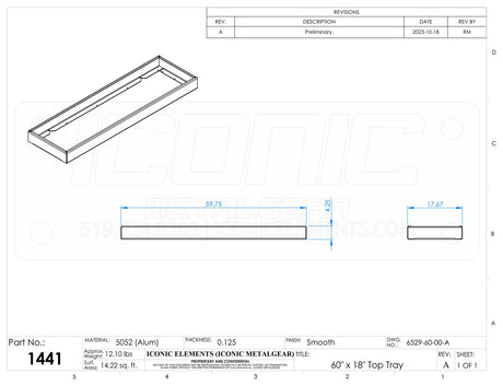 Standard Toolbox Top Tray, fits 60"W x 18"D Box