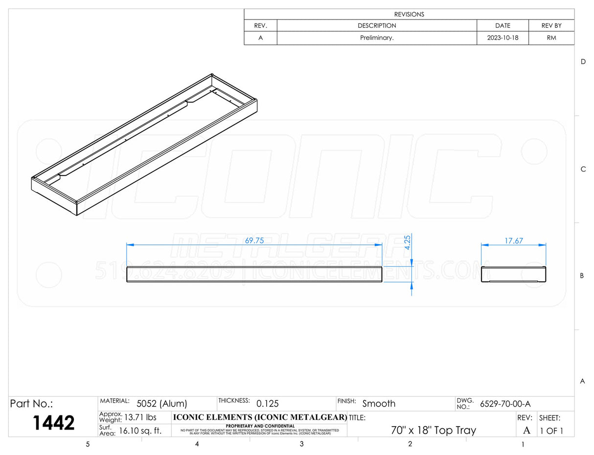 Standard Toolbox Top Tray, fits 70"W x 18"D Box