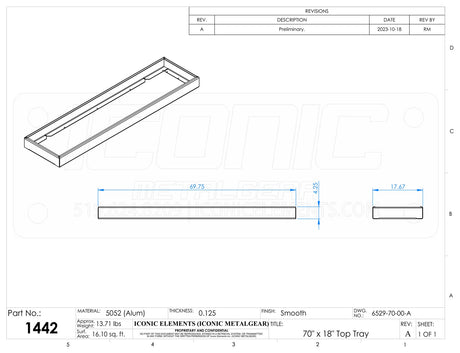 Standard Toolbox Top Tray, fits 70"W x 18"D Box