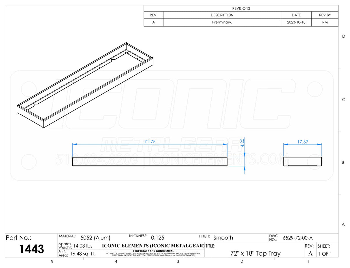 Standard Toolbox Top Tray, fits 72"W x 18"D Box