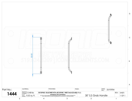 Mounting Bracket Grab Handle, 30" Stainless Steel, Bolt on, ships loose, customer to mount