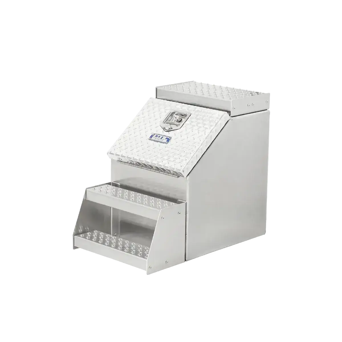 Step Box Boot Box 18" Step Box w/Aluminum Checkerplate lid *recommended used with P/N 1900 for mounting 18" Width x 25.13" Height x 29.5" Depth