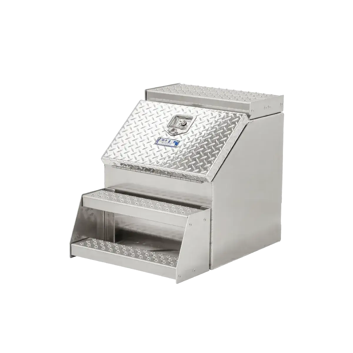 Step Box Boot Box 22" Step box w/Aluminum Checkerplate lid *recommended used with P/N 1900 for mounting 22" Width x 25.13" Height x 29.5" Depth