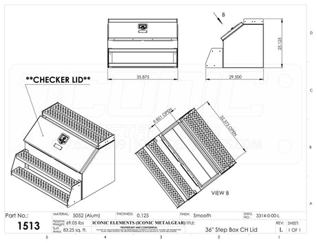 Step Box Boot Box 36" Step Box w/Aluminum Checkerplate lid *recommended used with P/N 1900 for mounting 36" Width x 25.13" Height x 29.5" Depth