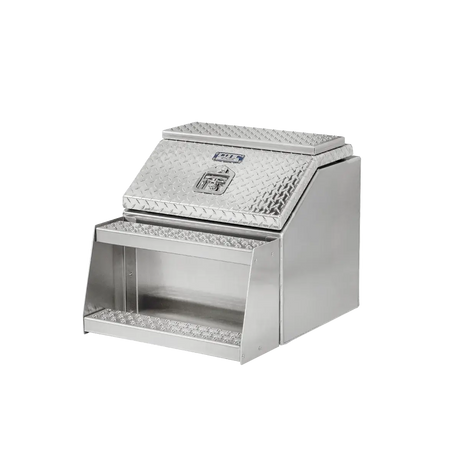 Step Box Boot Box 24" Big Mouth Step Box w/Aluminum Checkerplate lid *recommended used with P/N 1900 for mounting 24" Width x 24" Height x 29.13" Depth