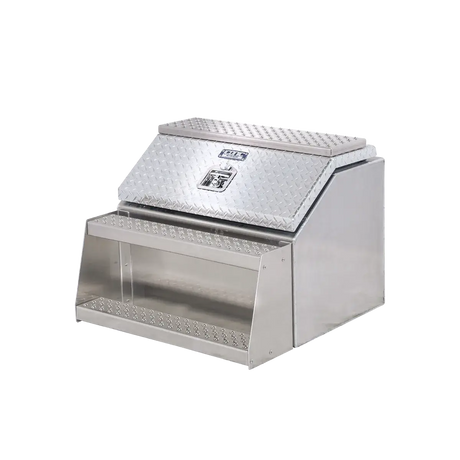Step Box Boot Box 30" Big Mouth Step Box w/Aluminum Checkerplate lid *recommended used with P/N 1900 for mounting 30" Width x 24" Height x 29.13" Depth
