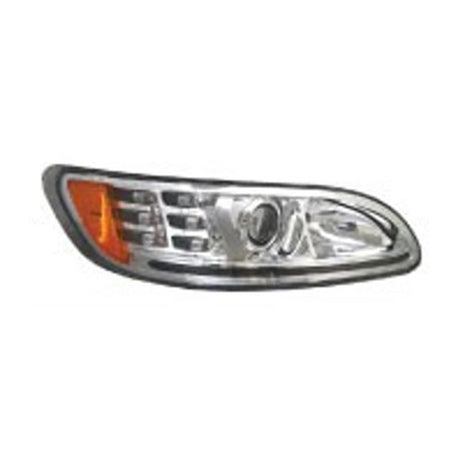 Peterbilt 386, 387 Headlight Chrome with 6 Amber LED Turn Signal, 3 Amber LED Side Marker Low Beam H11 55W 