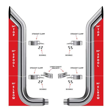 6? Dia. Complete Bullhorn Exhaust Kit – 54? Top Stacks | 55? Middle Spools | 90° Elbows 6? Reduced to 5? Dia. Peterbilt 335, 348, 357, 359, 375, 377, 378, 379, 385 1970–2006 Exhaust Kit 