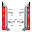 7? Dia. Complete Bullhorn Exhaust Kit – 54? Top Stacks | 52? Middle Spools | 58° Elbows 7? Reduced to 5? Dia. Peterbilt 335, 348, 357, 359, 375, 377, 378, 379, 385, 386, 387, 388, 389 1970–2008 Exhaust Kit 