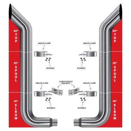 7? Dia. Complete Bullhorn Exhaust Kit – 60? Top Stacks | 55? Middle Spools | 90° Elbows 7? Reduced to 5? Dia. Peterbilt 335, 348, 357, 359, 375, 377, 378, 379, 385, 386, 387, 388, 389 1970–2008 Exhaust Kit 